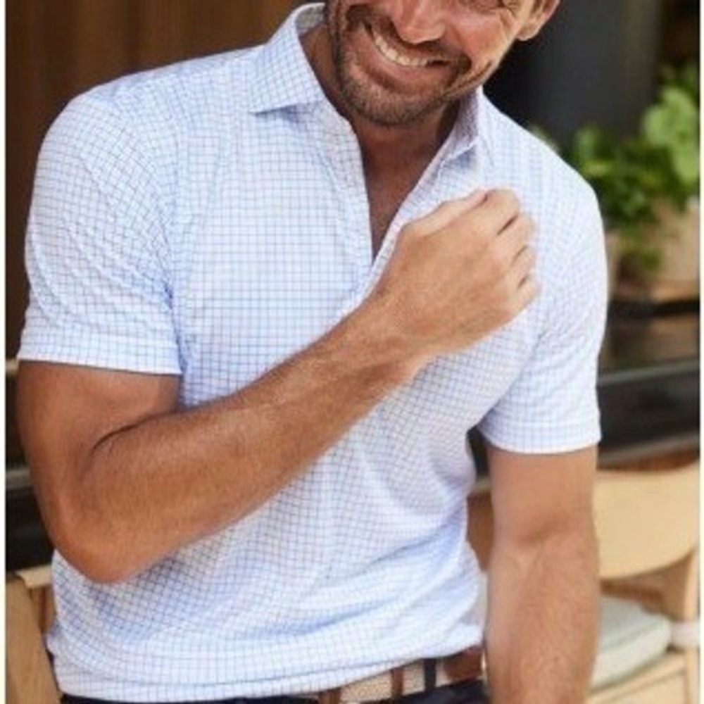 Collars & Co Semi Spread Polo Shirt Men's Large Thin Blue Check Performance NEW - Picture 2 of 9